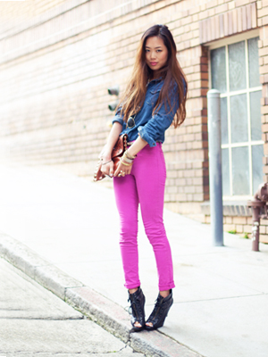 hot pink jeans with denim top