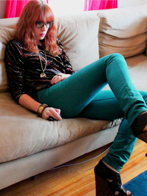 teal jeans on redhead