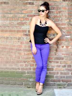 purple jeans with black corset top