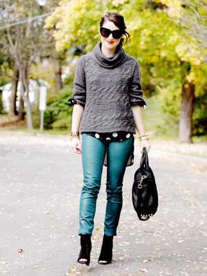 wax teal jeans with chunky sweater and polka dots