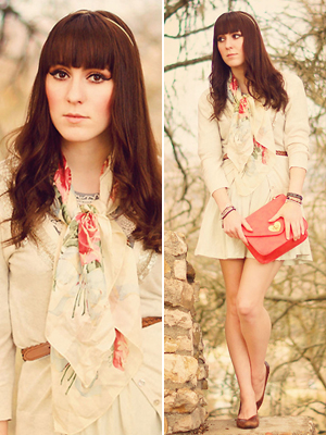 neutral, floral print, romantic outfit with coral clutch for valentines day