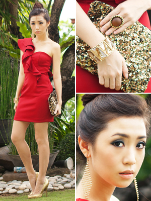 red dress, gol, glitter clutch valentine's day outfit