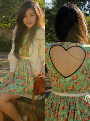 floral dress with heart cut-out on the back valentine's day outfit