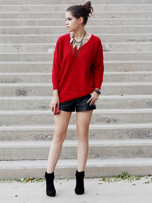 red sweater, leather shorts, black booties valentine's day outfit