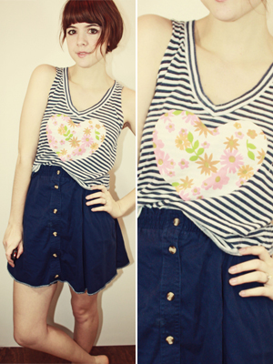striped tank with floral heart tank top and high waisted denim skirt valentine's day outfit