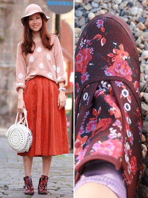 pink polka dot sweater, coral skirt and floral sneakers valentine's day outfit